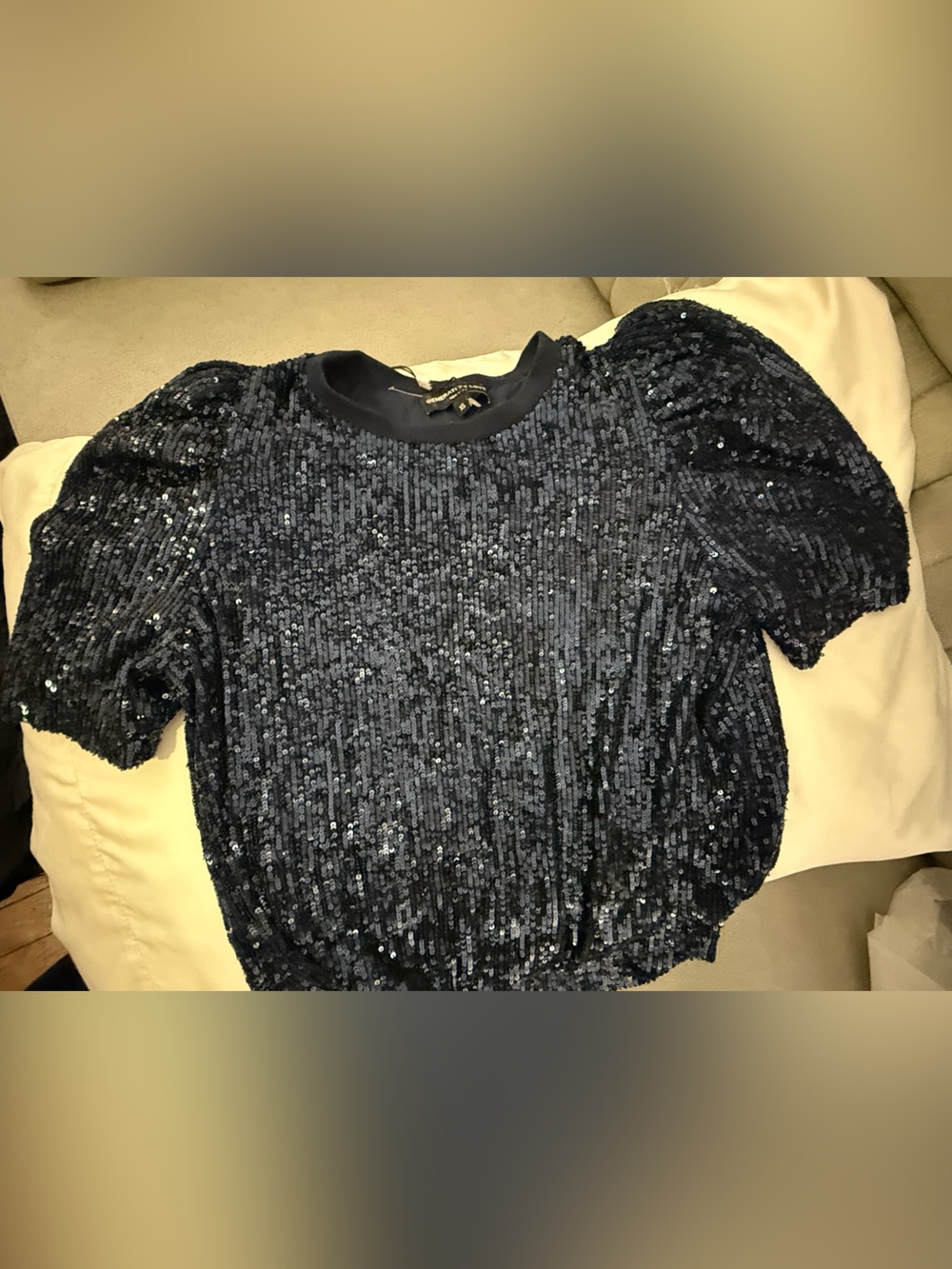 Generation Love Navy Sequin Sweatshirt XS Puff Sleeve Sparkle Top